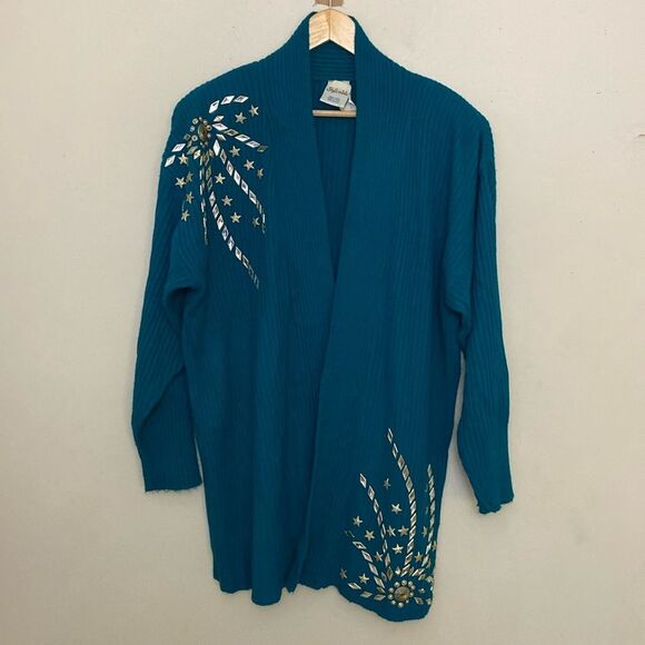 Vintage Rib Knit Rhinestone Embellished Shawl Collar Open Cardigan size OS Retro - Picture 1 of 12
